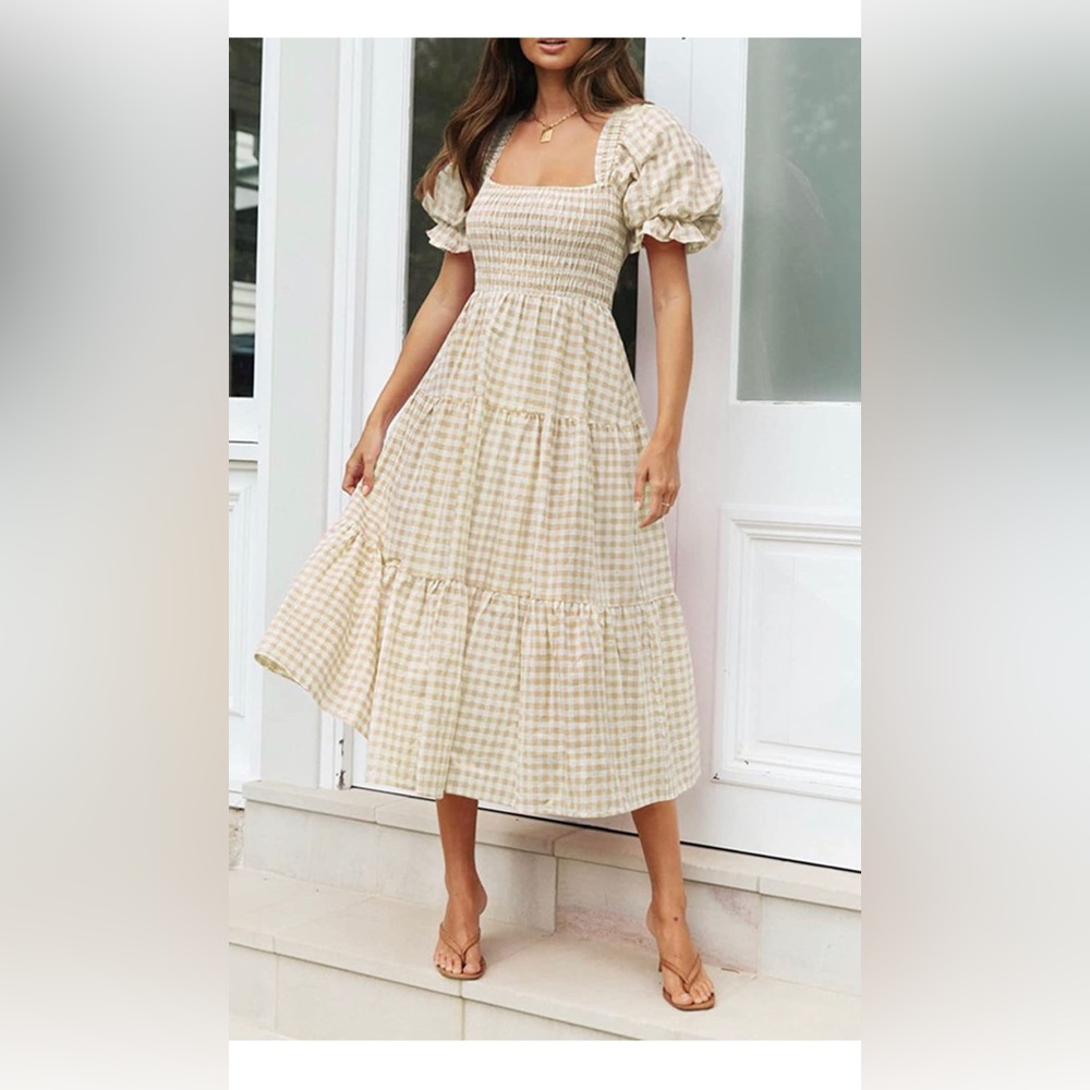 NWT Bohemian Summer Plaid Square Neck Puff Sleeve Ruffle Flowy Beach Midi Dress